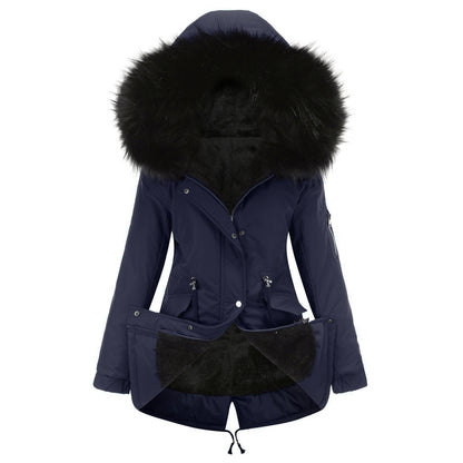 Women's Mid-length Hooded Fur Collar Warm And Fleece Coat