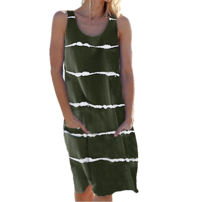 Crew Neck Striped Pocket Tank Dress