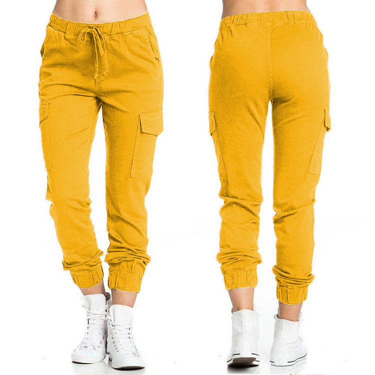 Woman Tooling Casual Elastic Waist String Side Pocket Trousers