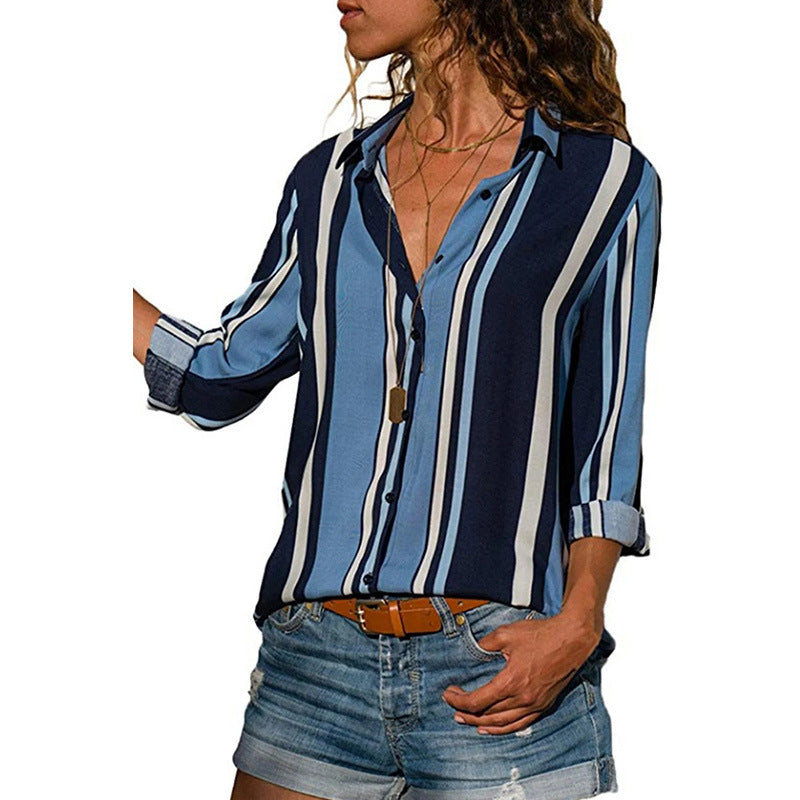 Women's T-shirt Stripe Design Lapel Single Breasted Long Sleeve Blouse