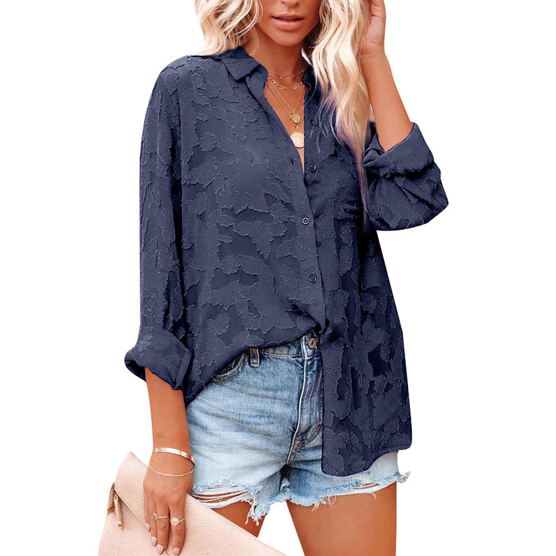 women's Hollow Chiffon Jacquard Long Sleeve Blouses