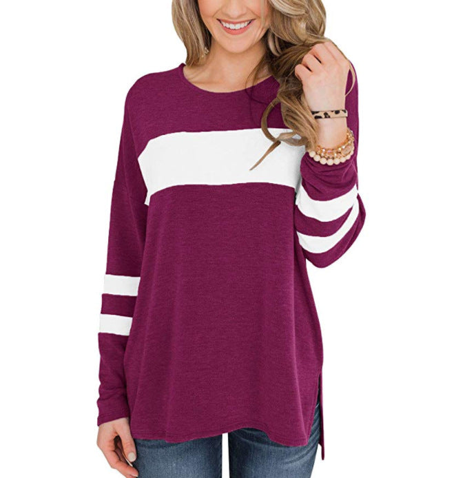 Women's Color Matching Long-sleeved Round Neck T-shirt