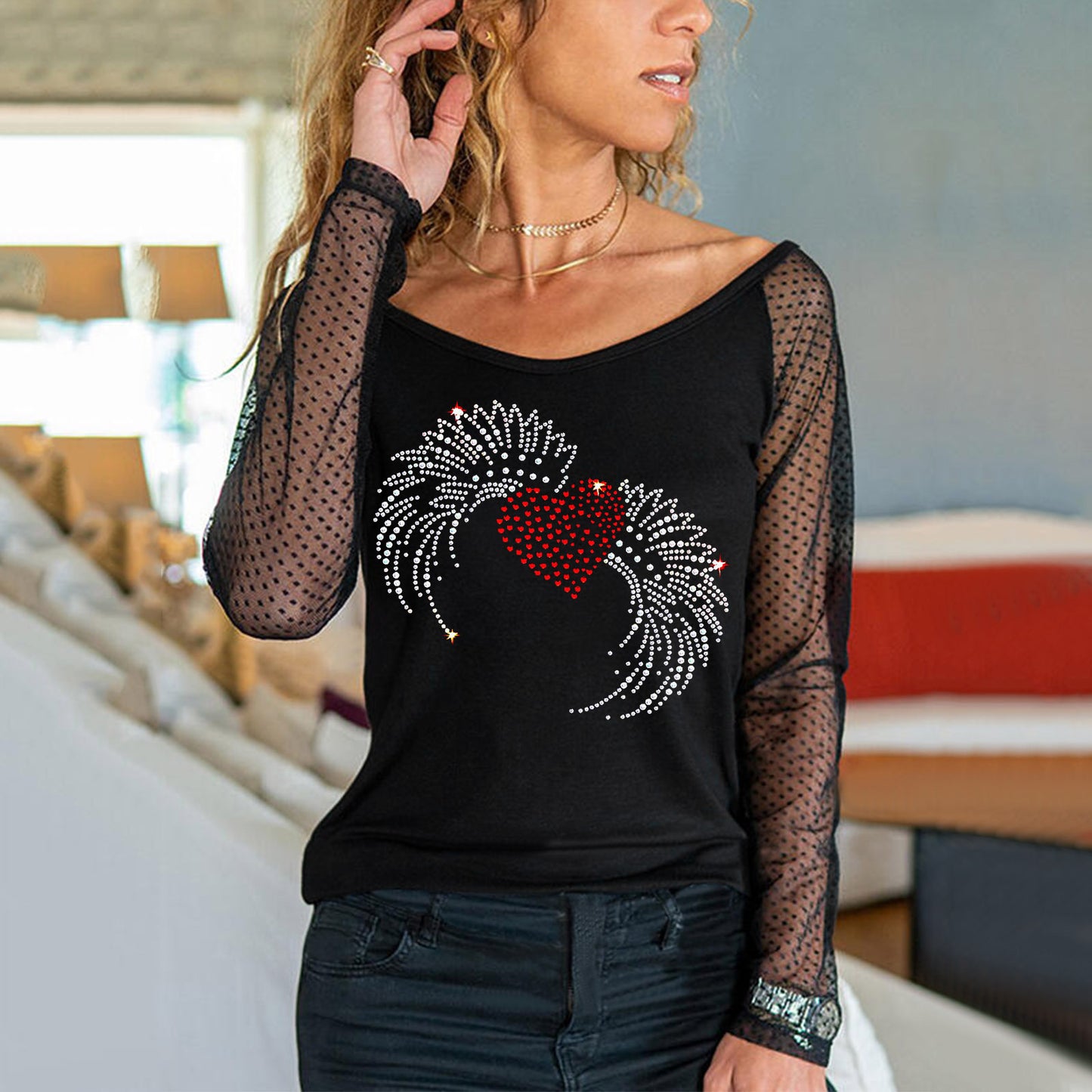 Women's Black Heart Rhinestone Sequin T-Shirt Top