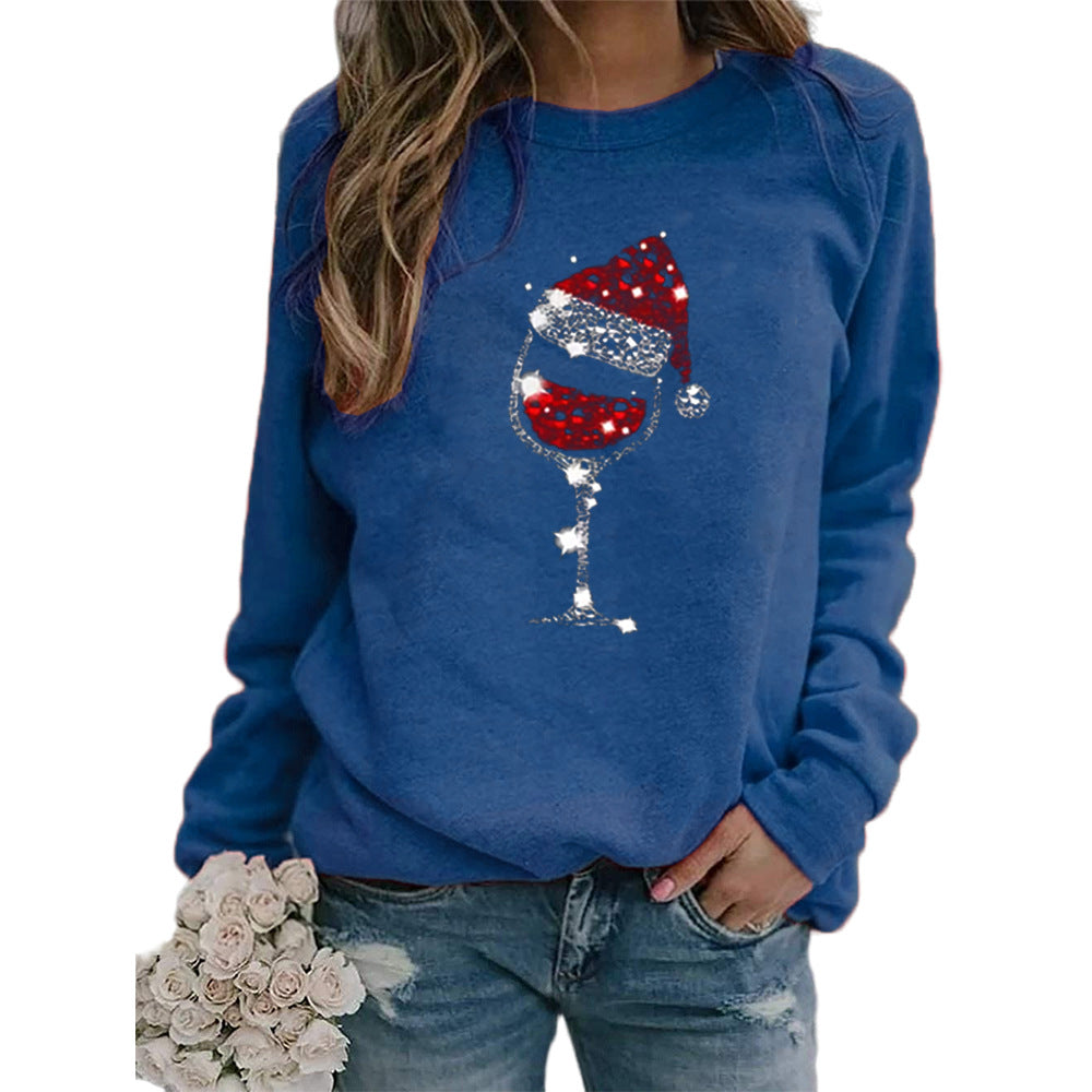 Woman Christmas Hat Red Wine Glass Print Long Sleeve Top
