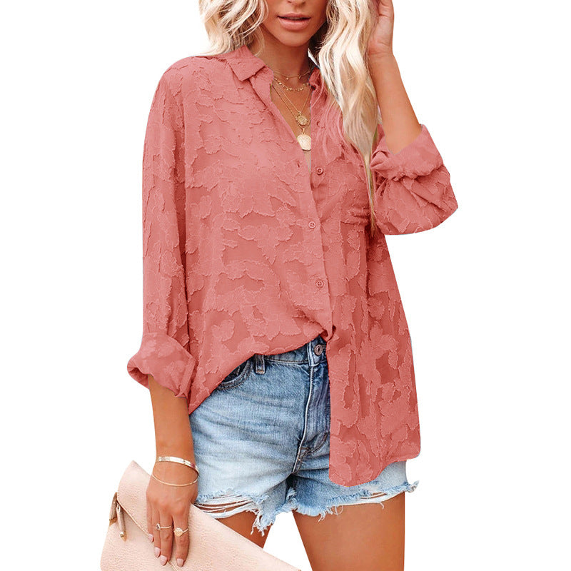 women's Hollow Chiffon Jacquard Long Sleeve Blouses