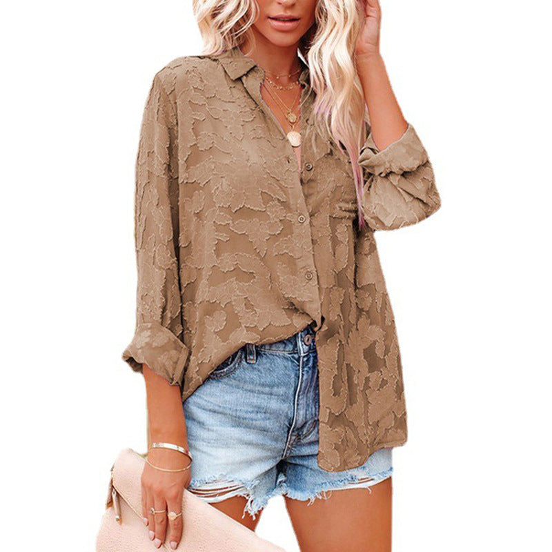 women's Hollow Chiffon Jacquard Long Sleeve Blouses