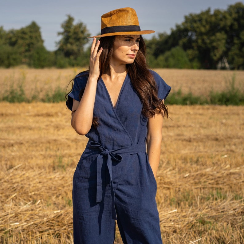 Wrap Linen Jumpsuit Washed Long Linen Overall