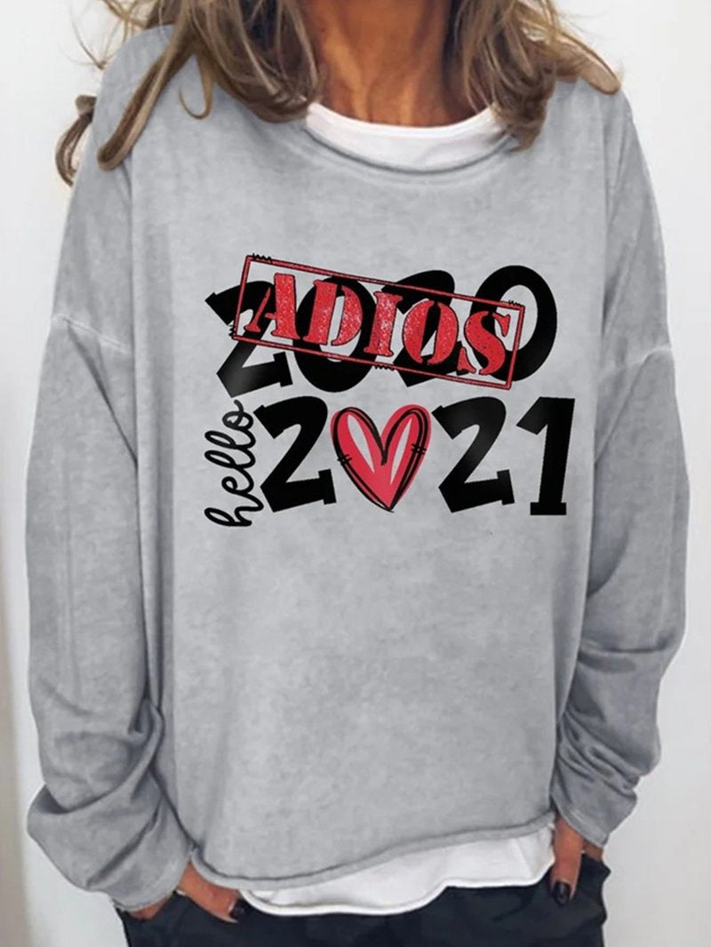 2021 Letter Print Vintage Round Neck T-Shirt Long Sleeve Tops