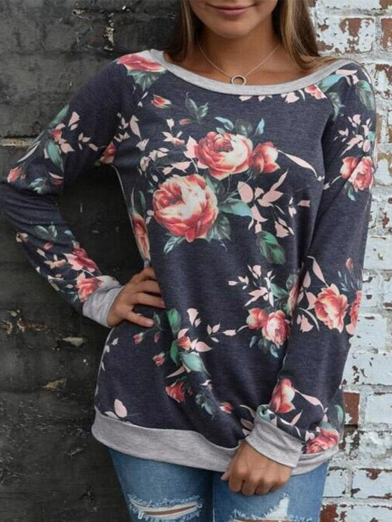 Floral Patchwork Round Neck Women's Long Sleeves Shirt