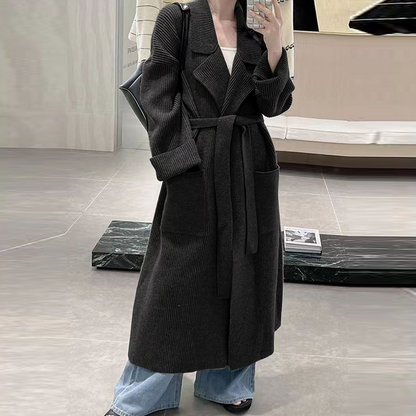 Ladies Lapel Long Loose Knit Cardigan Jacket