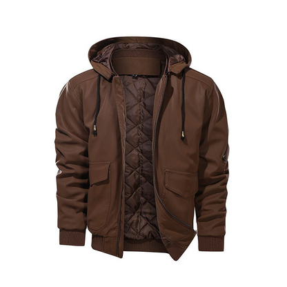 Men's Lined Plush Hooded Leather Jacket