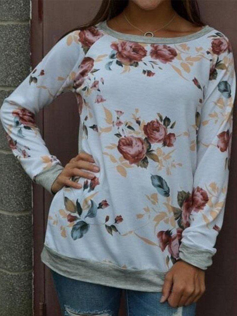 Floral Patchwork Round Neck Women's Long Sleeves Shirt
