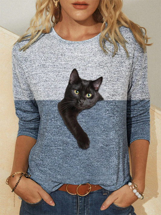 Cat Print Long Sleeve Shirt Women's Sweatshirt Sweater