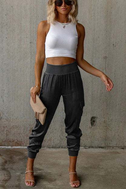 Women's Satin High Waist Pocket Jogging Pants