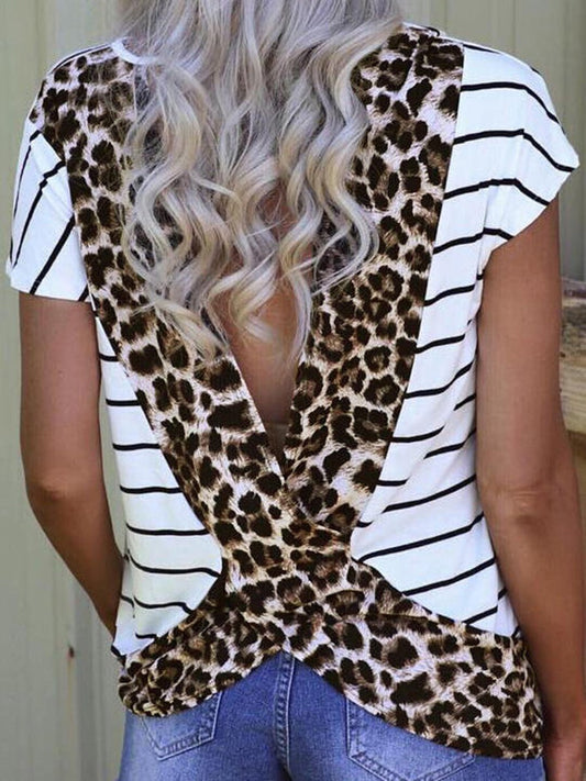 Cross Leopard/Camouflage Printed Open Back Striped Blouse