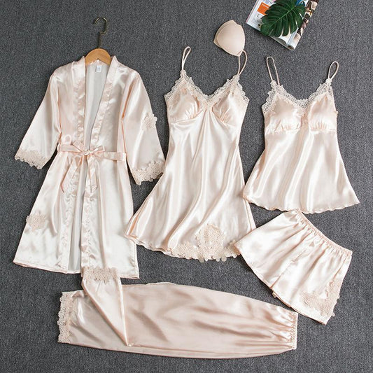 Women's Blushy Silk 5 Piece Pajama Set